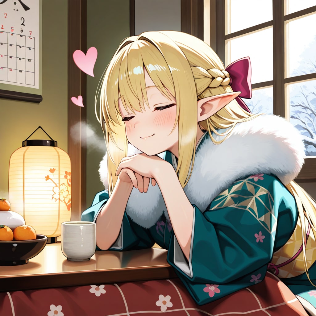 甘酒を楽しむエルフの女の子