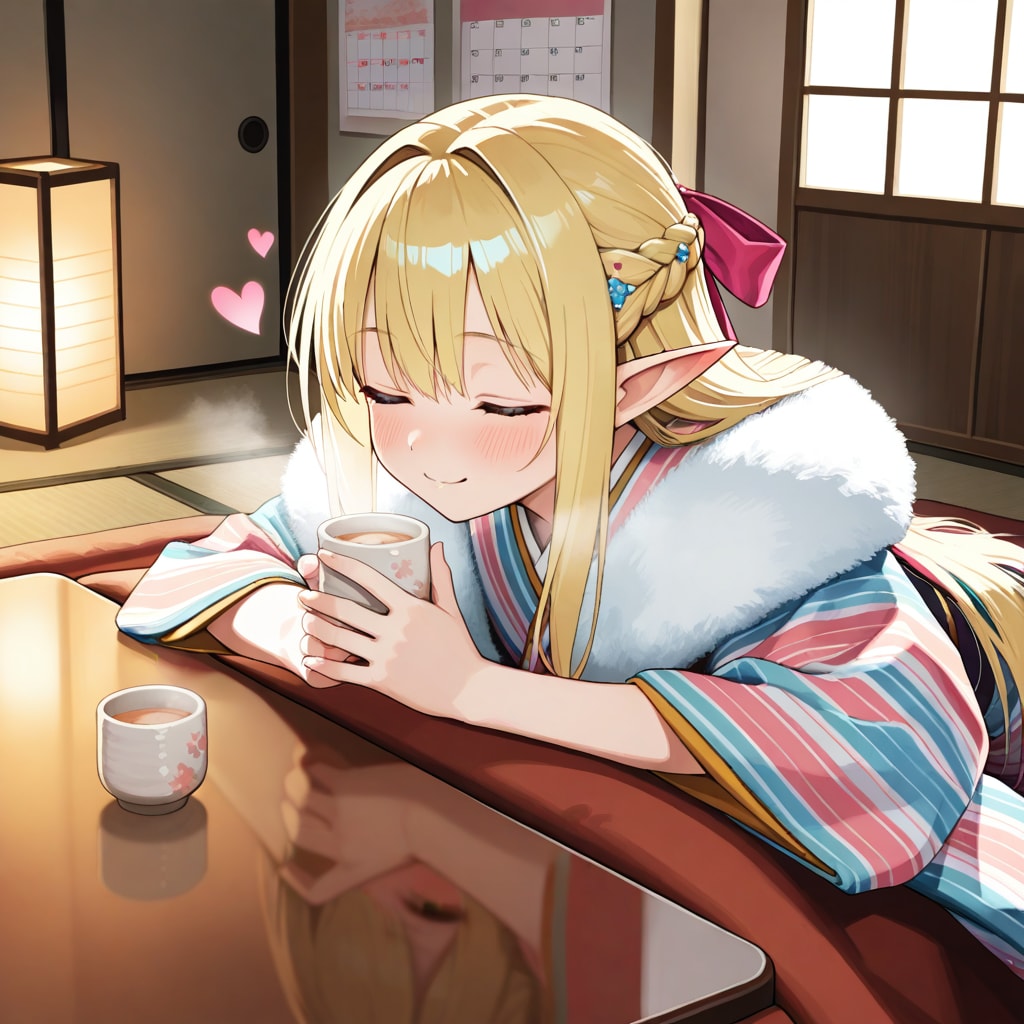 甘酒を楽しむエルフの女の子