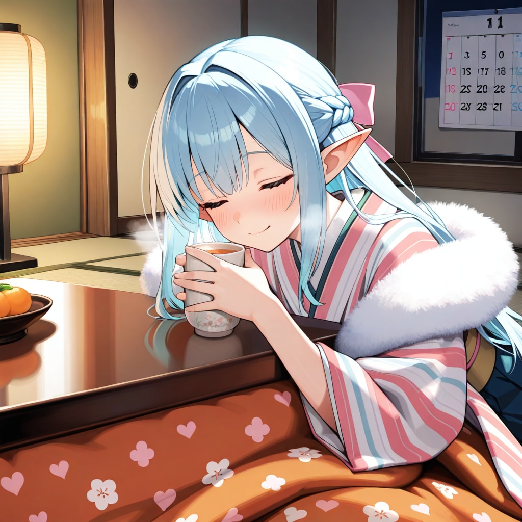 甘酒を楽しむエルフの女の子