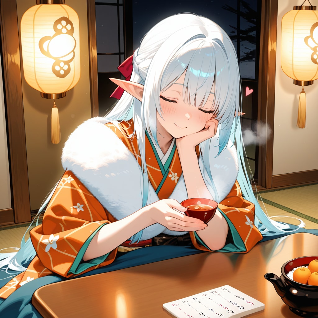 甘酒を楽しむエルフの女の子