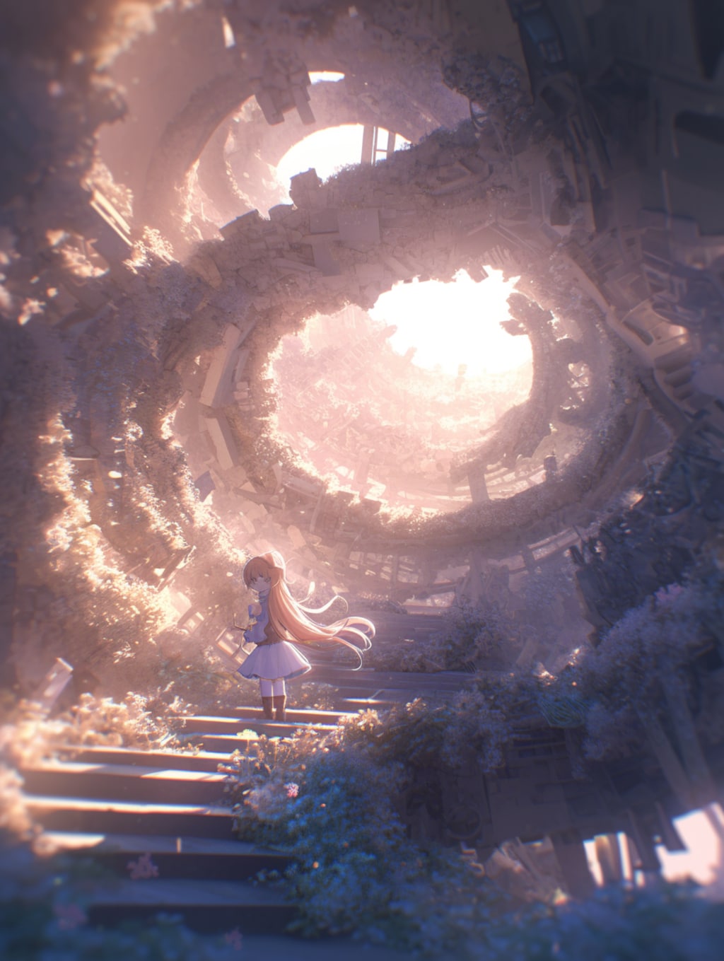 スペースコロニーの中を歩いている女の子 Girl walking through space colony