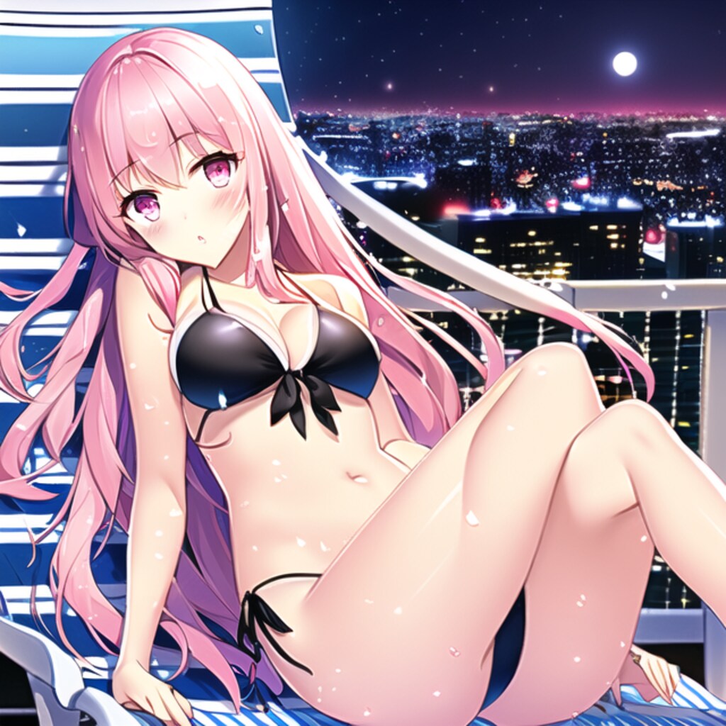 ナイトプールで寝そべるピンク髪ゆるふわロングちゃん