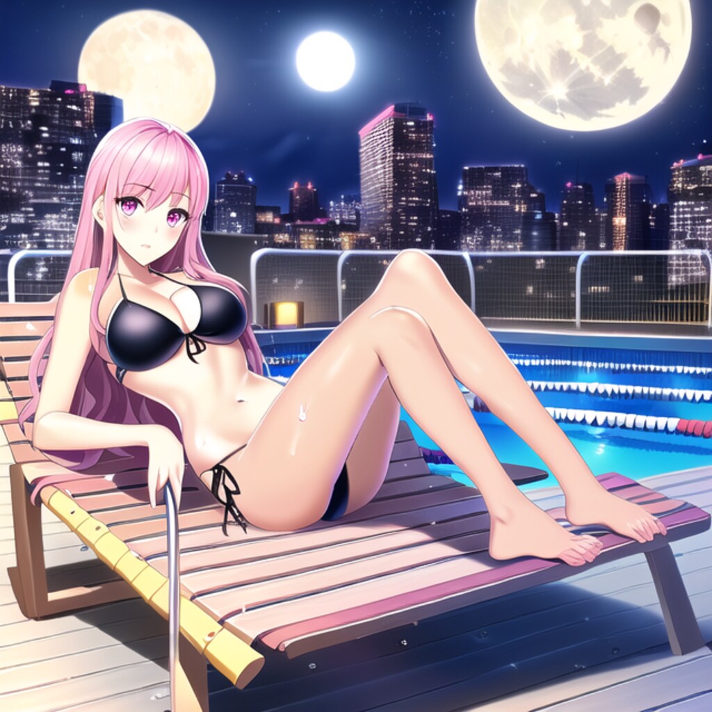 ナイトプールで寝そべるピンク髪ゆるふわロングちゃん
