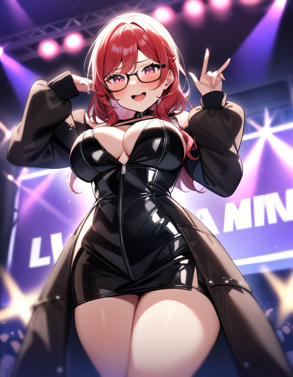 メガネを掛け、レザーのライブ衣装を着て歌う西木野真姫（ラブライブ！）