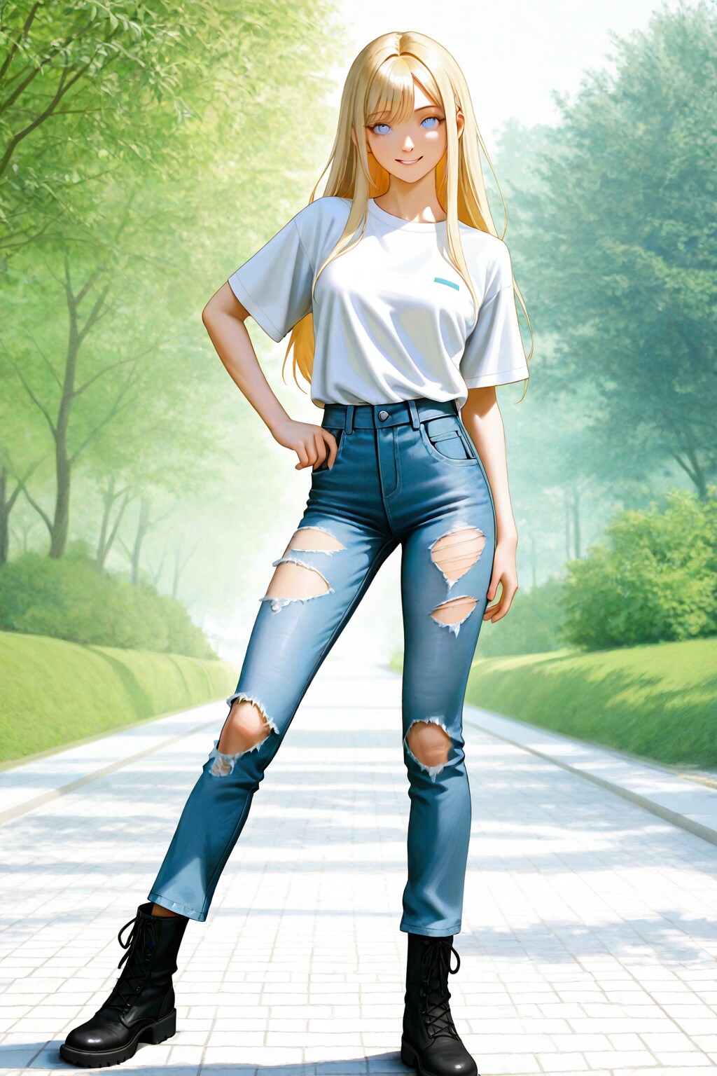 Tシャツにダメージジーンズのブロンドさん