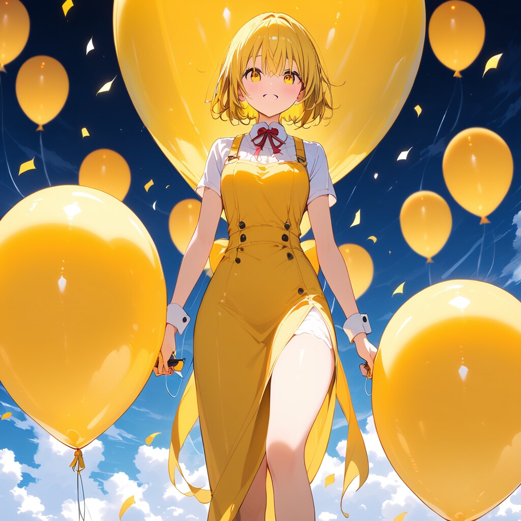 いっぱい黄色の巨大風船を膨らませて遊ぶブロンド美女 | の人気AIイラスト・グラビア