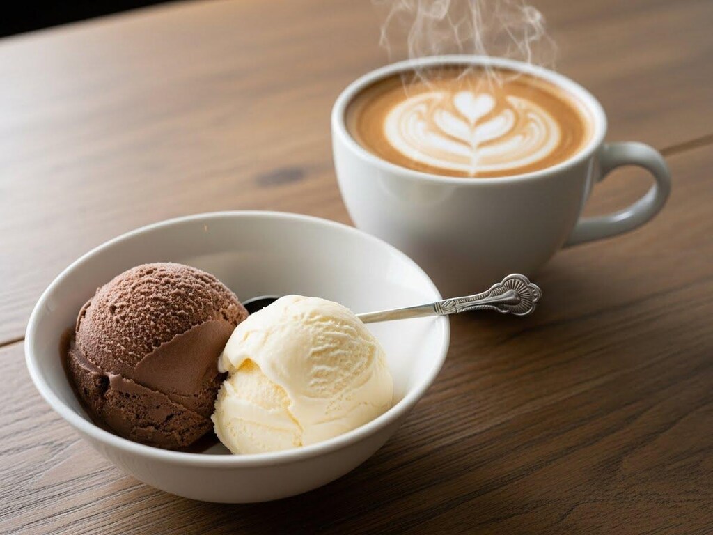 デザートの2種類のアイスクリームと珈琲のセット