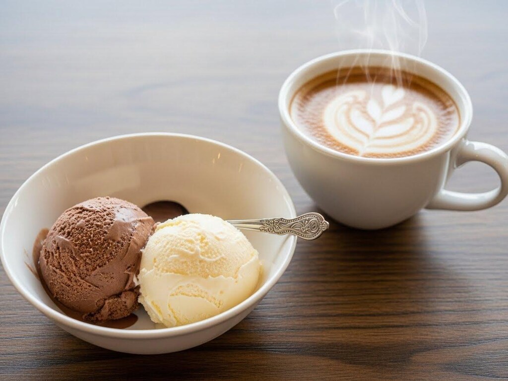 デザートの2種類のアイスクリームと珈琲のセット