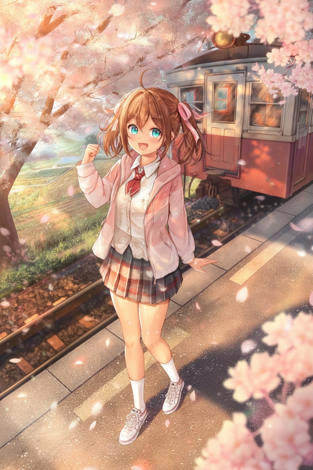駅のホームでガッツポーズ