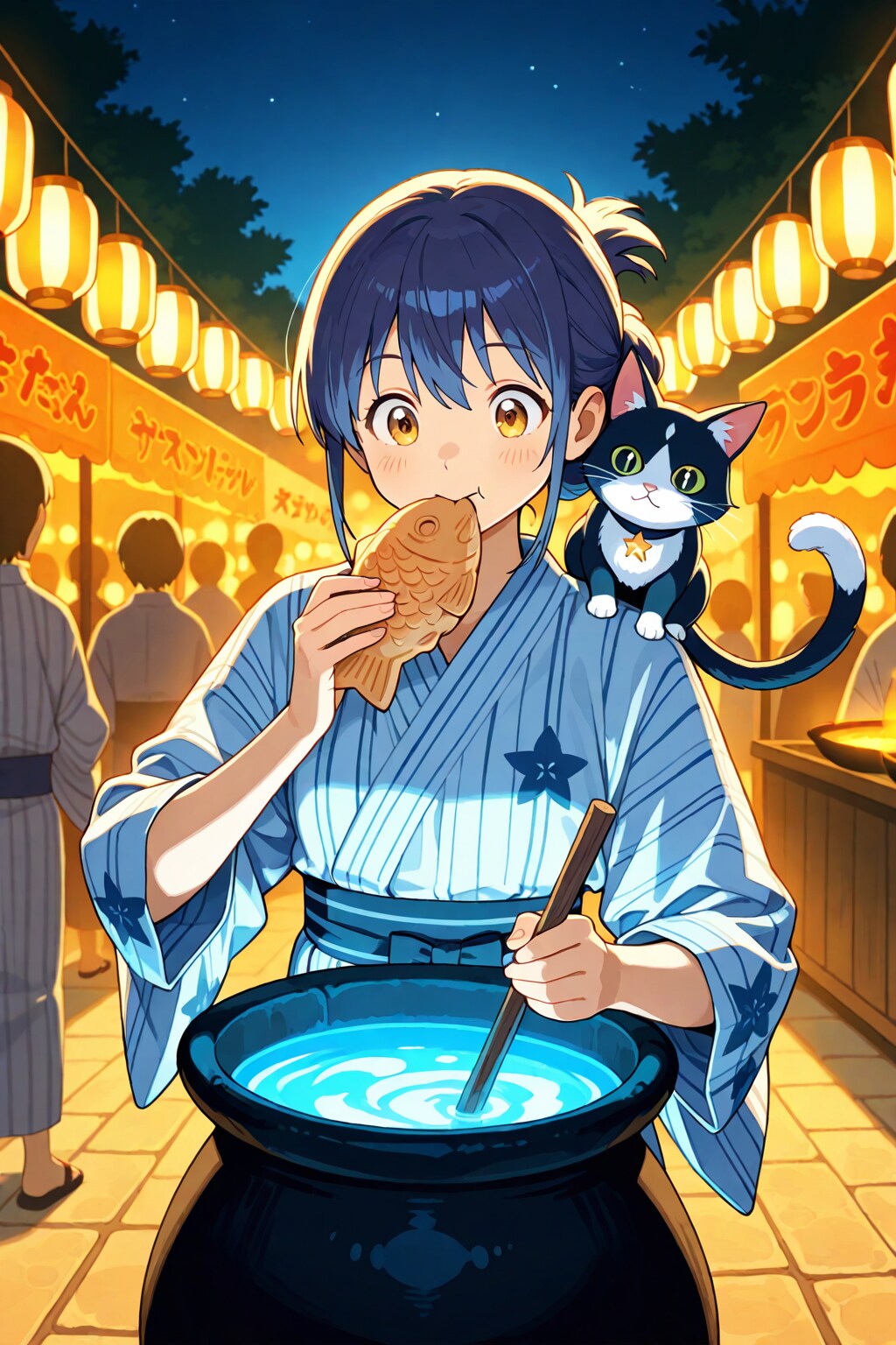 星空の祭りで輝く大釜とたい焼き