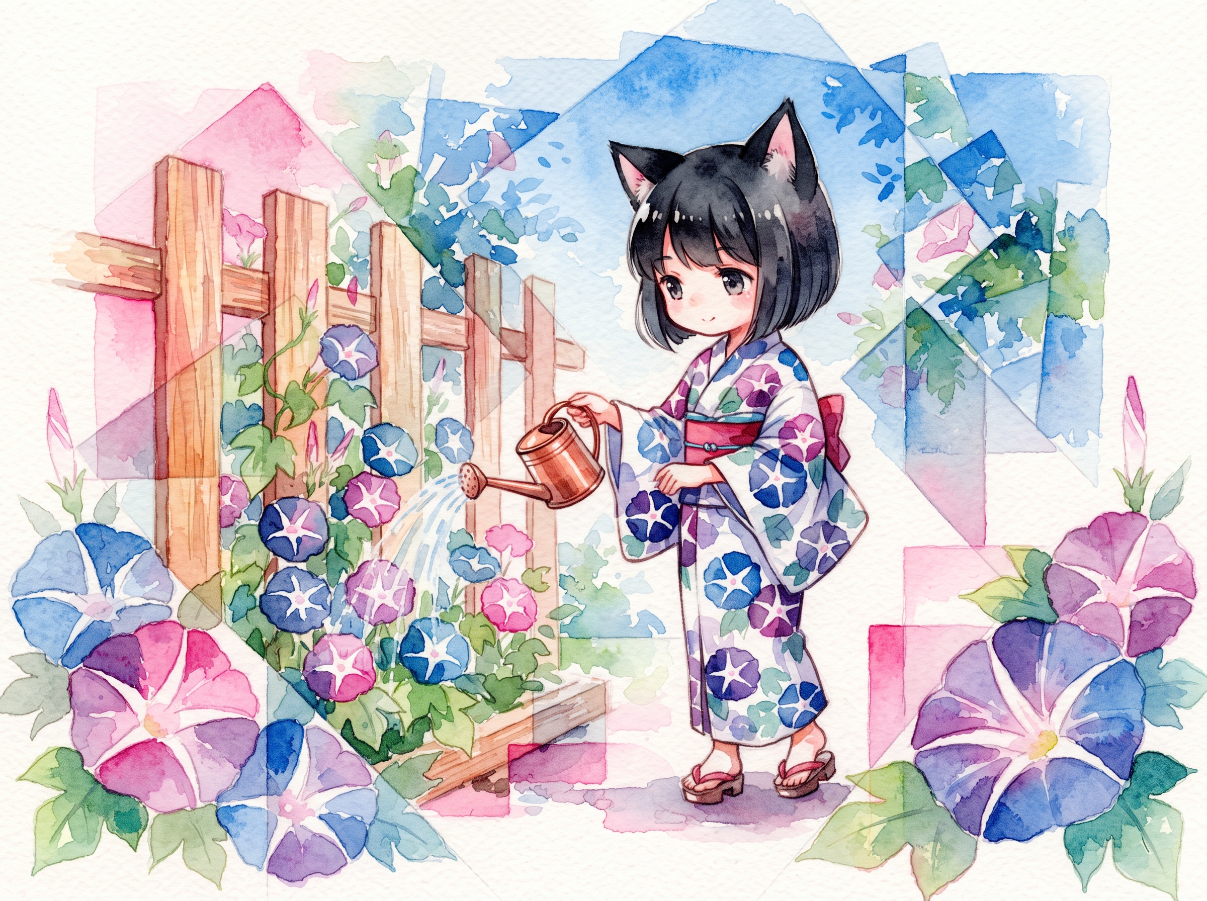 朝顔に水をやる猫耳ちゃん