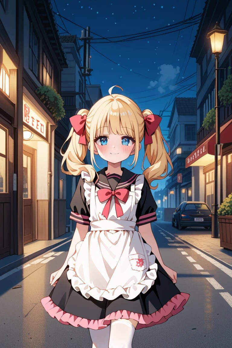 夜の街を歩く金髪ツインテメイド莉奈ちゃん♡ 優しい笑顔がかわいい🌙
