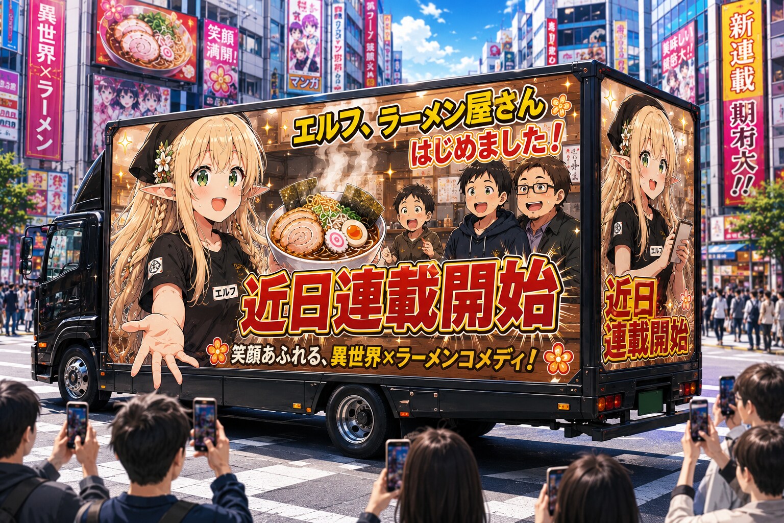 アドトラックで街中を走るエルフの女の子