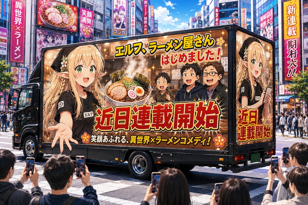 アドトラックで街中を走るエルフの女の子