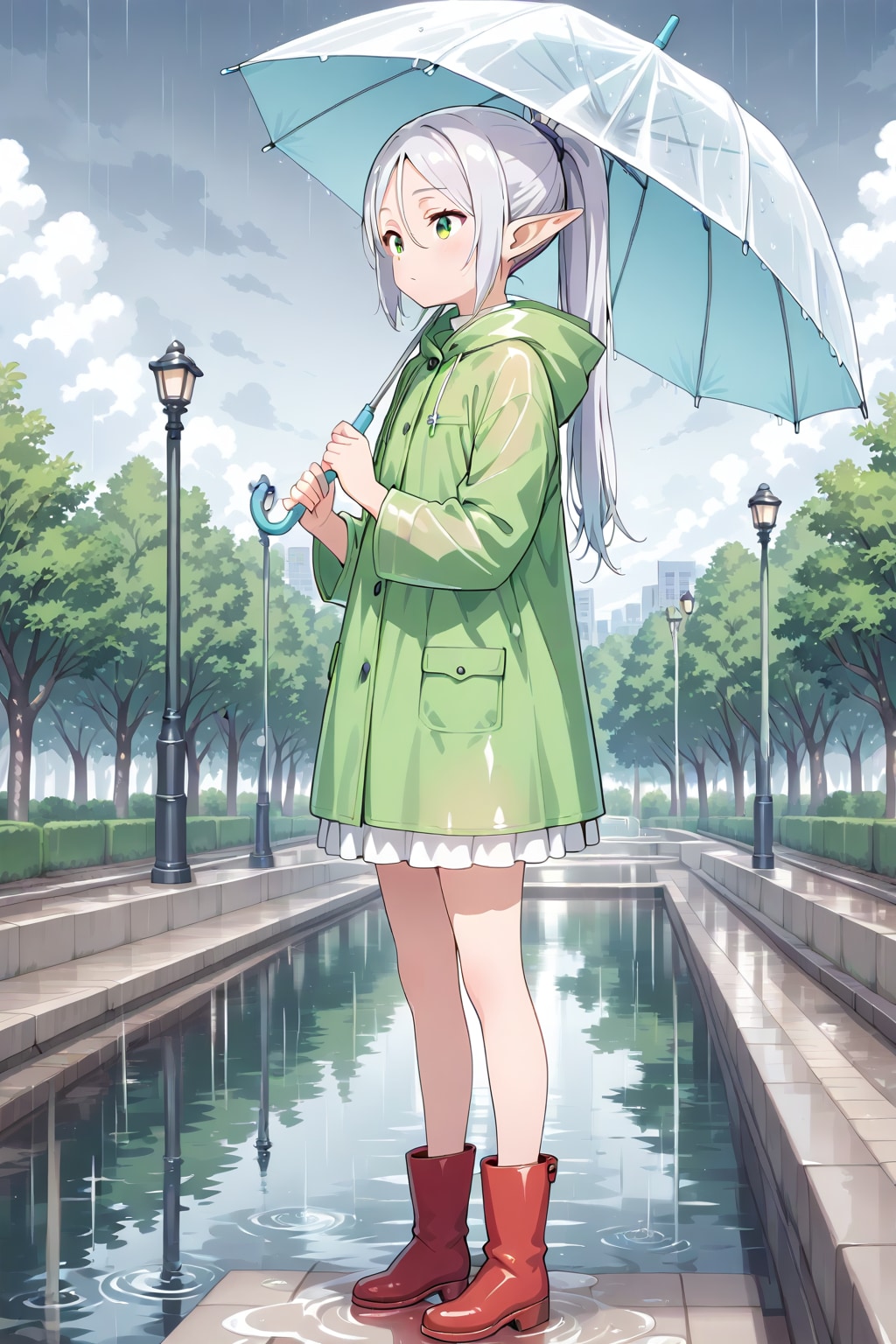 雨降りだけど公園に来た銀髪エルフの女の子