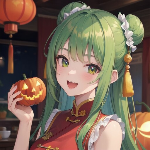 ジャックオーランタンを食べようとする中国の少女-②