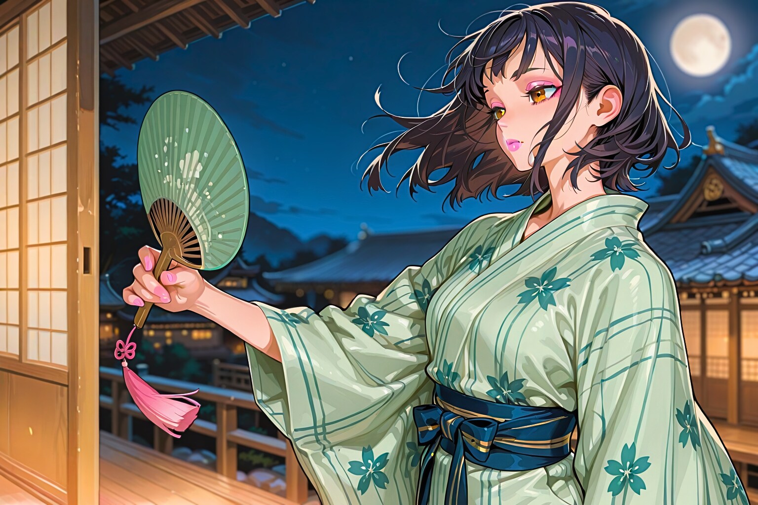 夜風と団扇、和装美人。