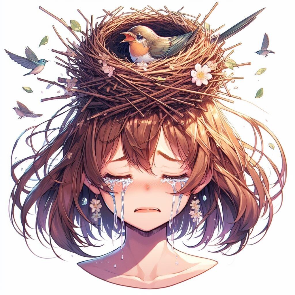 【謎画像】頭に鳥の巣を作られた女の子