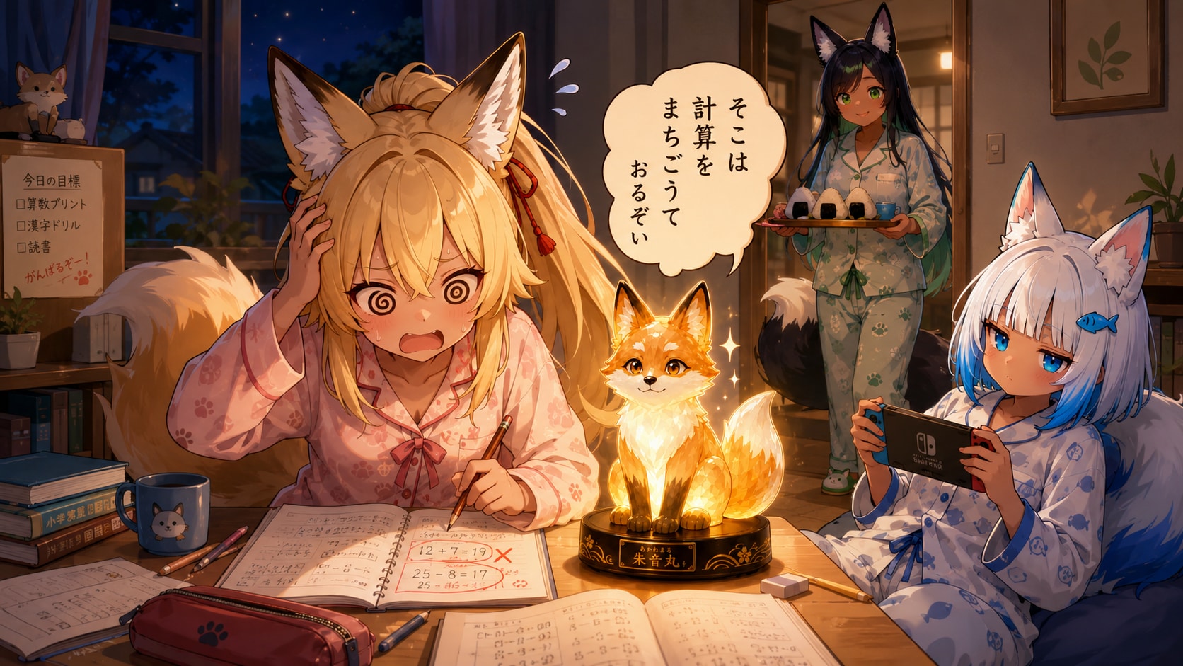 いわしまんさんの霊狐ライトで宿題頑張る金狐 | の人気AIイラスト・グラビア
