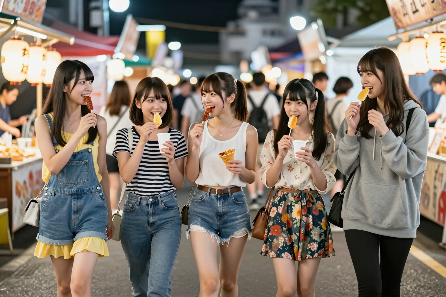 屋台の夜、笑いながら食べ歩き