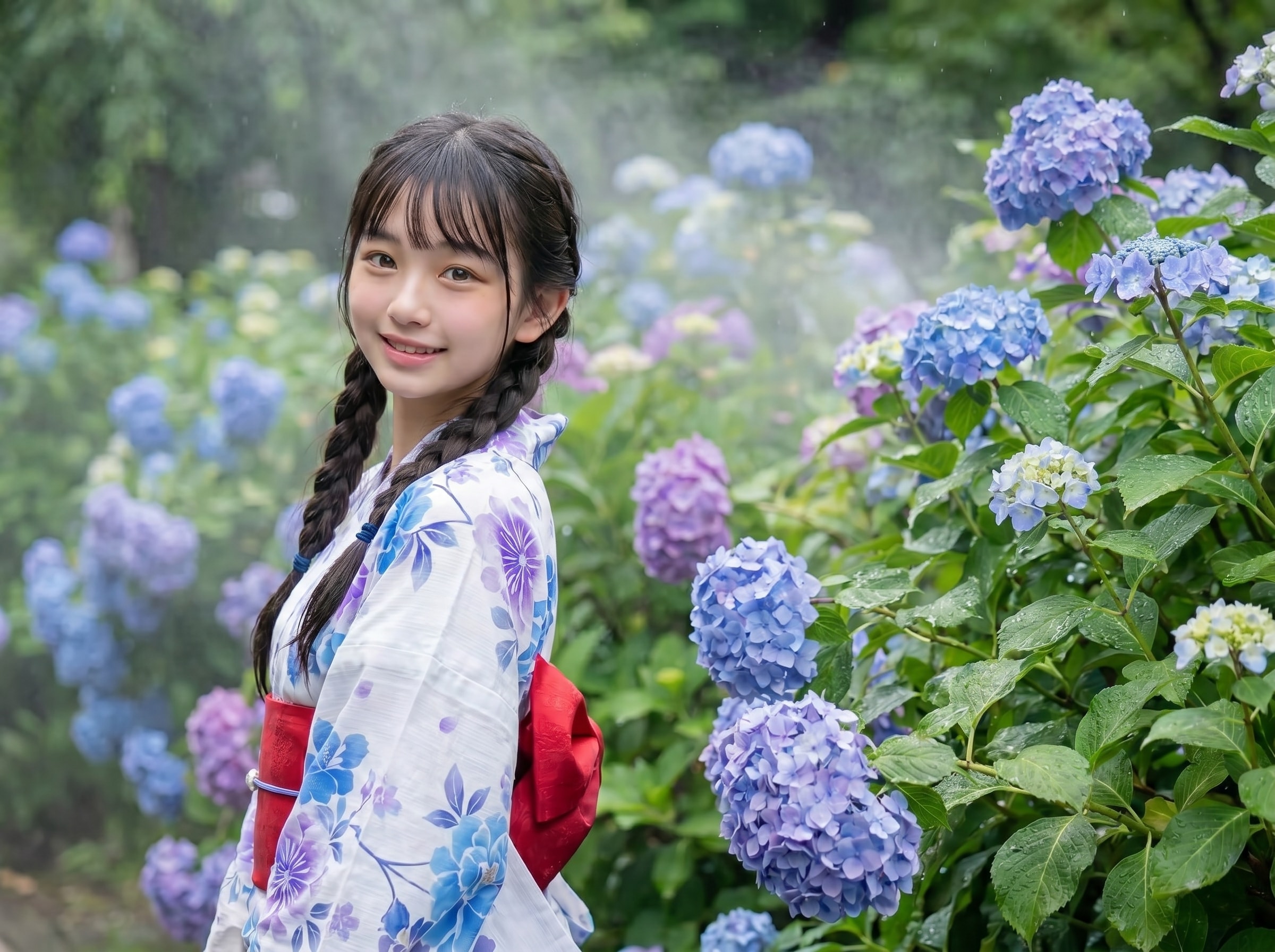 紫陽花と浴衣姿の美少女