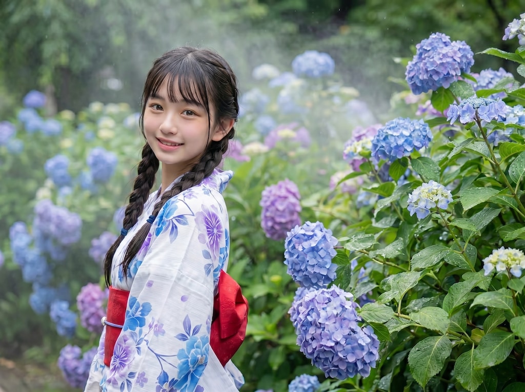 紫陽花と浴衣姿の美少女