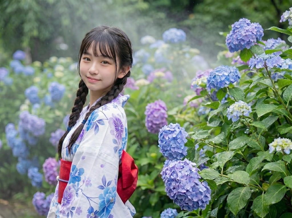 紫陽花と浴衣姿の美少女