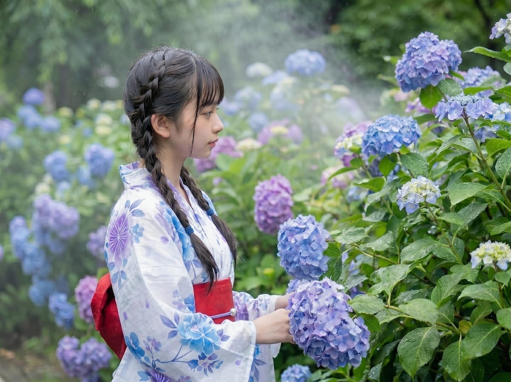 紫陽花と浴衣姿の美少女