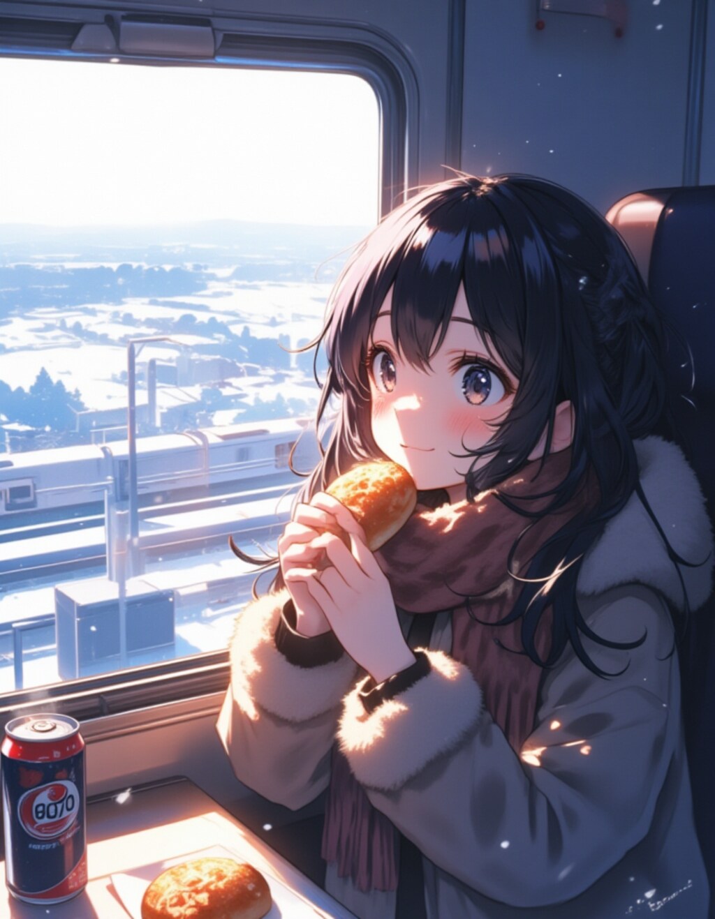 ちびキャラの女の子が冬の列車でビールとお弁当を楽しむ風景