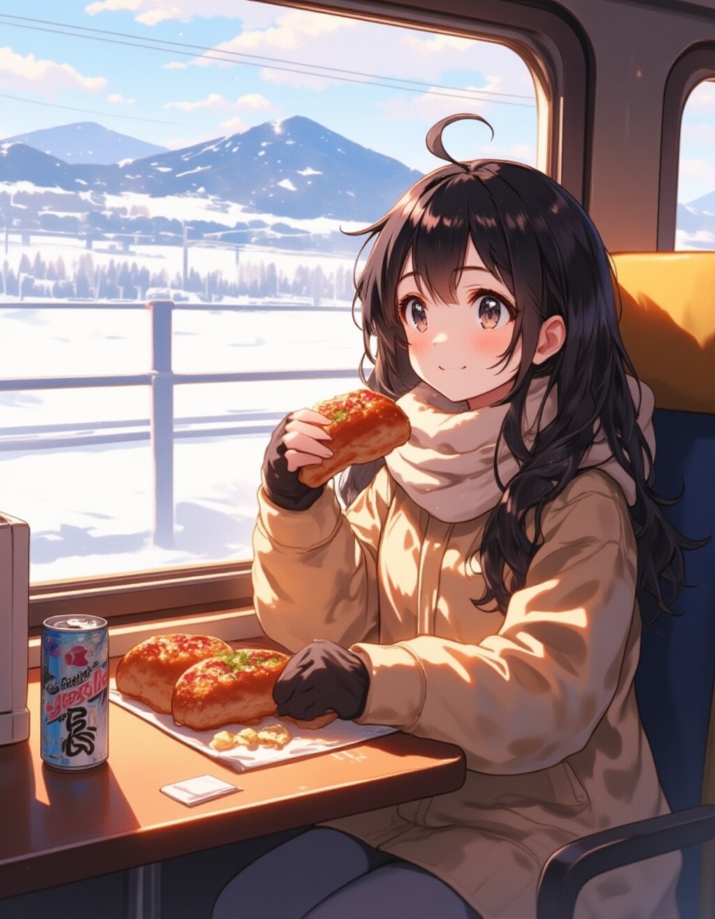 ちびキャラの女の子が冬の列車でビールとお弁当を楽しむ風景