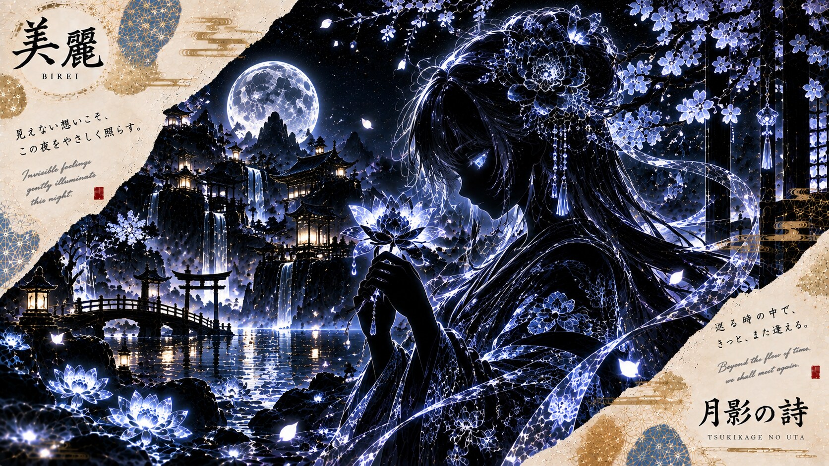 Tsukikage no Uta, a lotus held to moonlit silhouette, a shrine village glowing beneath the full moon | の人気AIイラスト・グラビア