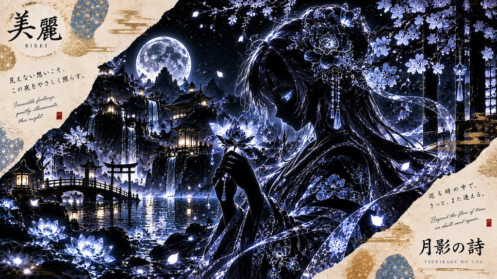 Tsukikage no Uta, a lotus held to moonlit silhouette, a shrine village glowing beneath the full moon