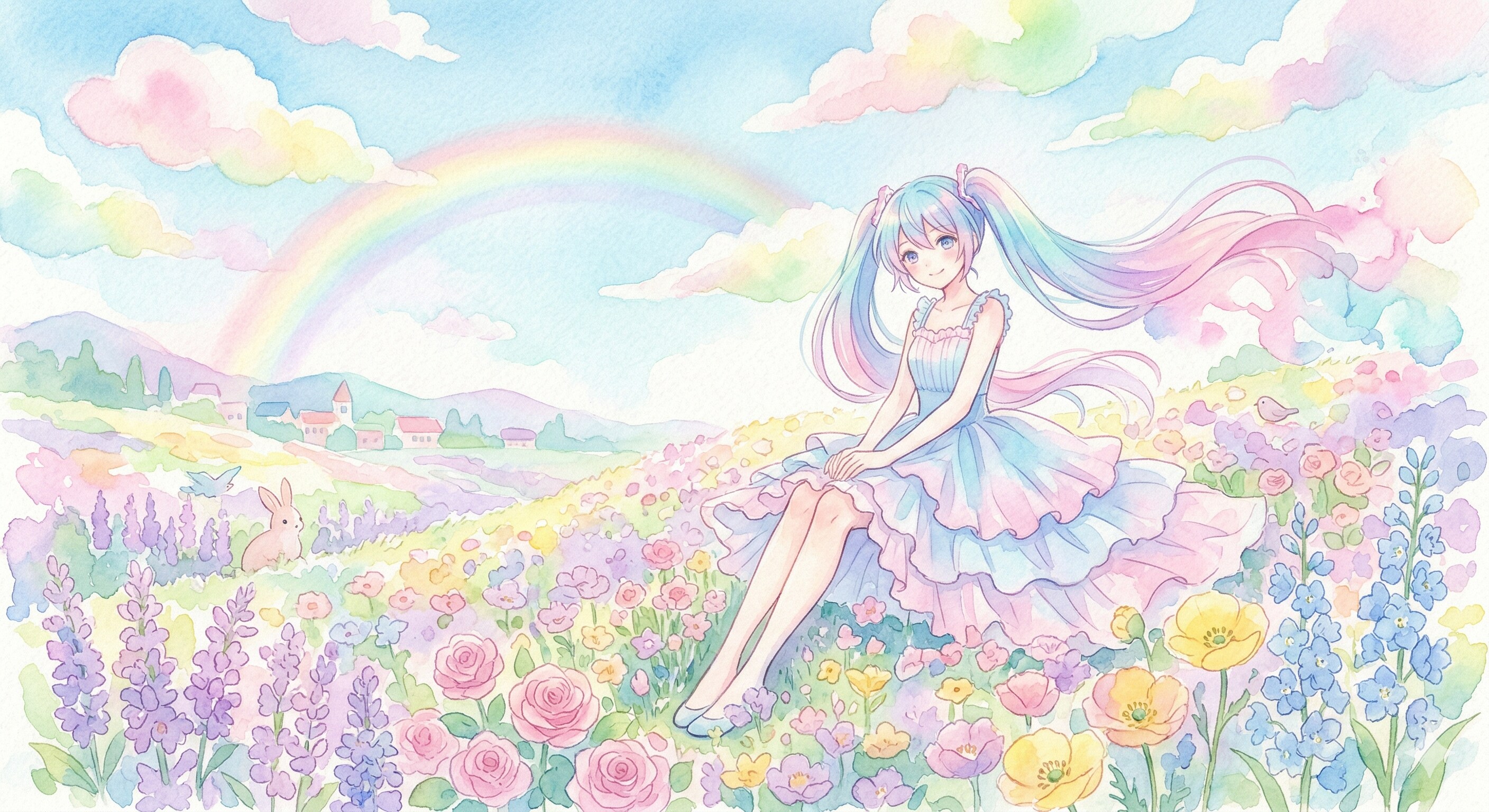 水彩画ミクさん　水彩に滲むパステルカラーの丘の静寂と微笑み | の人気AIイラスト・グラビア