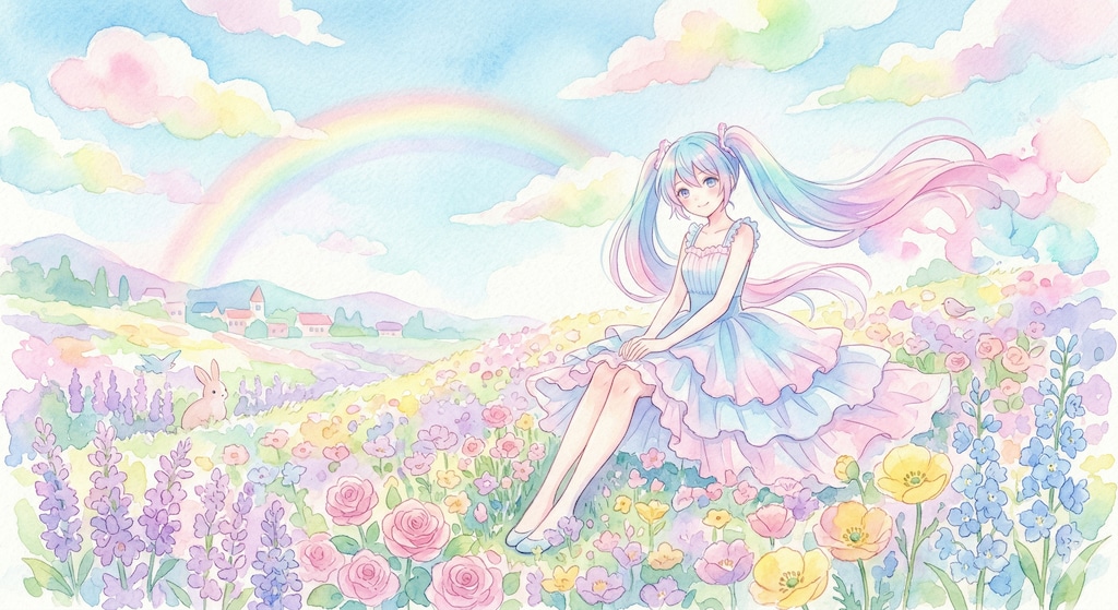 水彩画ミクさん　水彩に滲むパステルカラーの丘の静寂と微笑み