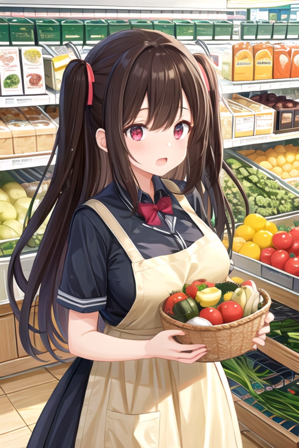 お家のお手伝いをする女の子(商店街の八百屋さん)