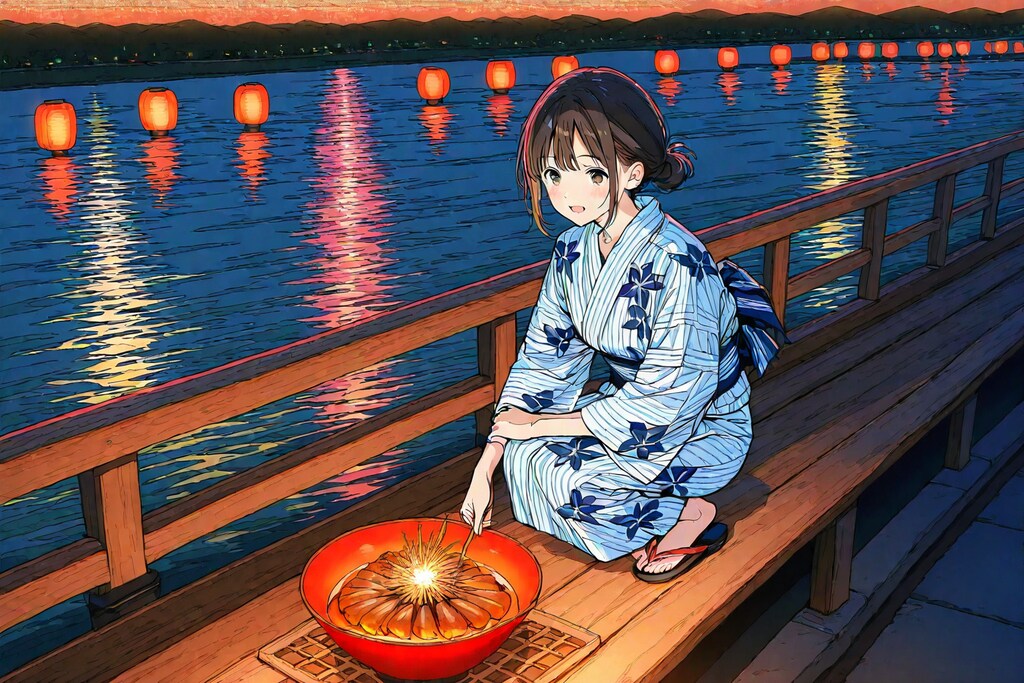 これ夏の花火大会やない。海辺でキャンプ飯や