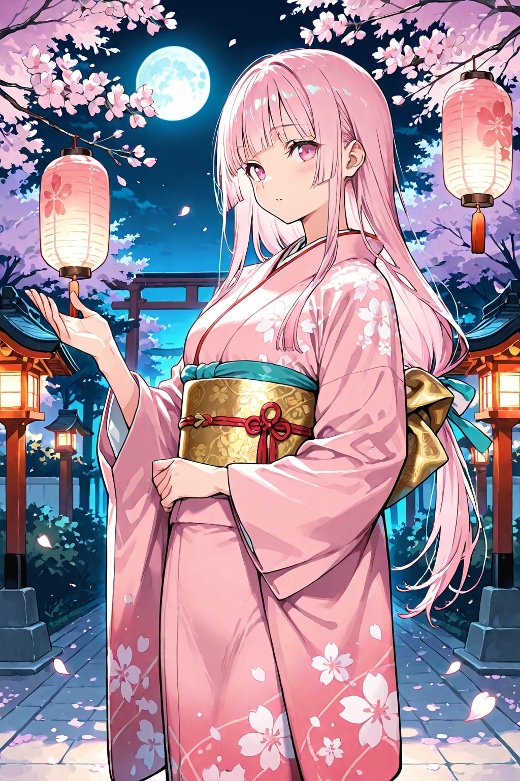 夜桜と着物少女。