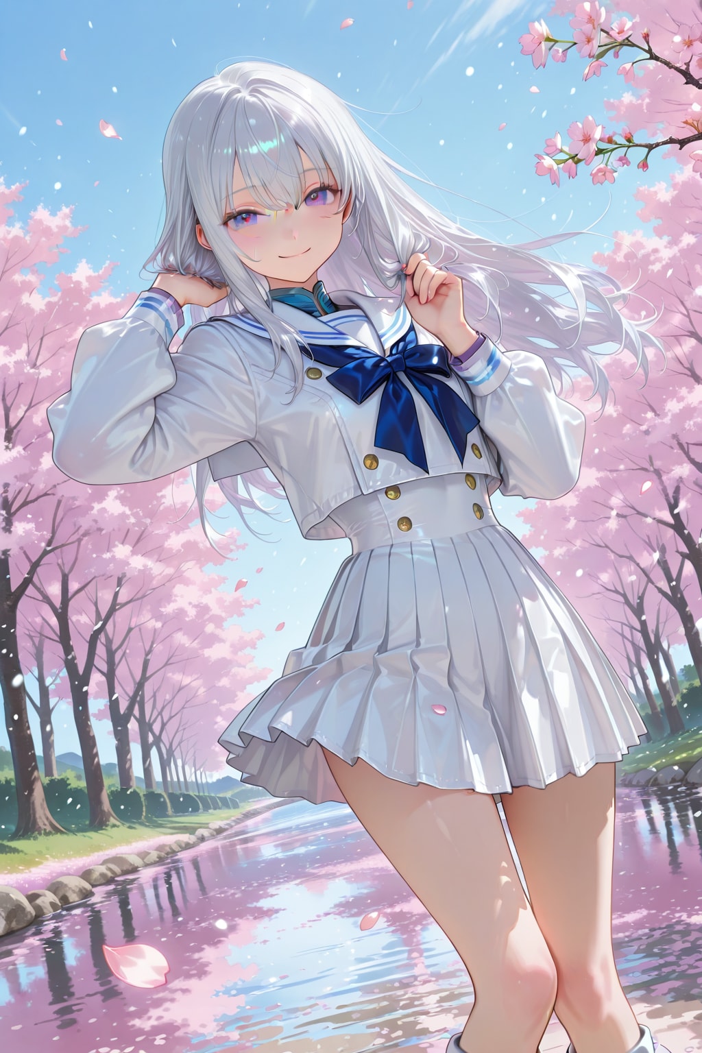 桜並木とセーラー服