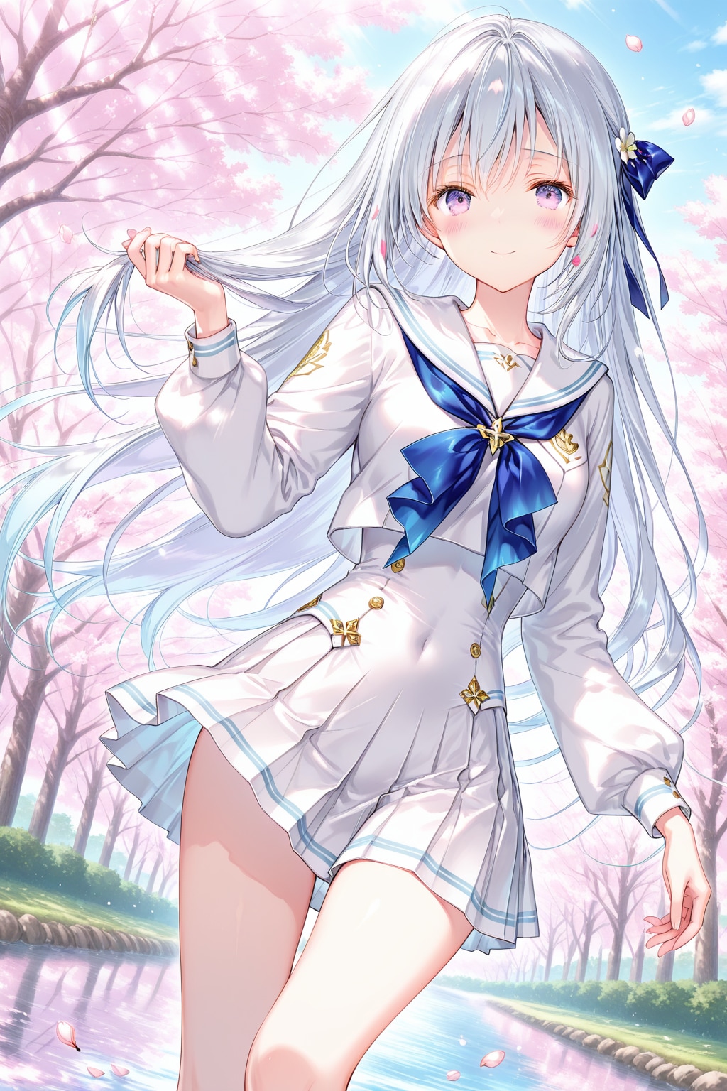 桜並木とセーラー服