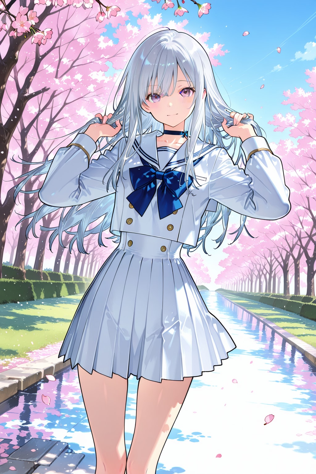桜並木とセーラー服