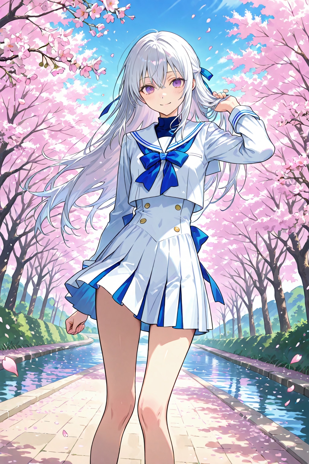 桜並木とセーラー服