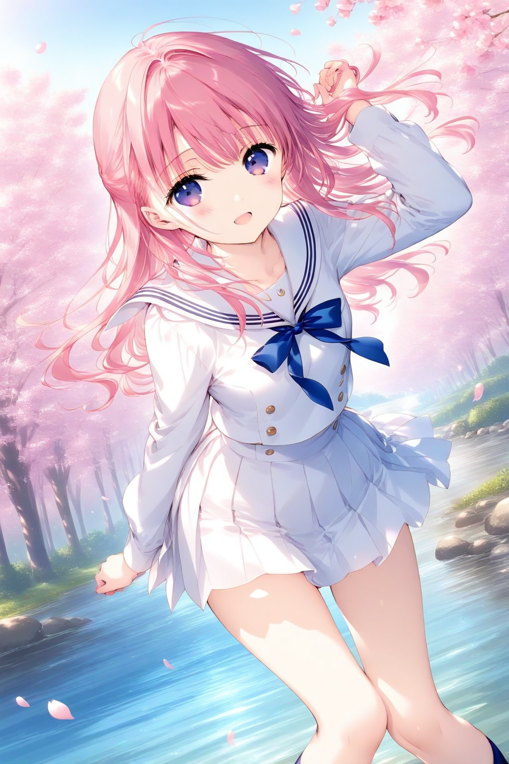 桜並木とセーラー服