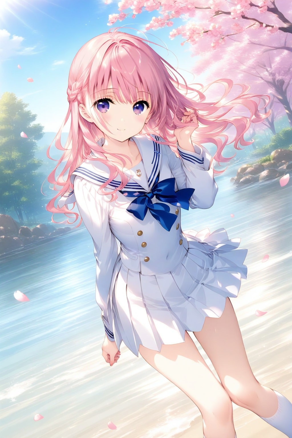 桜並木とセーラー服