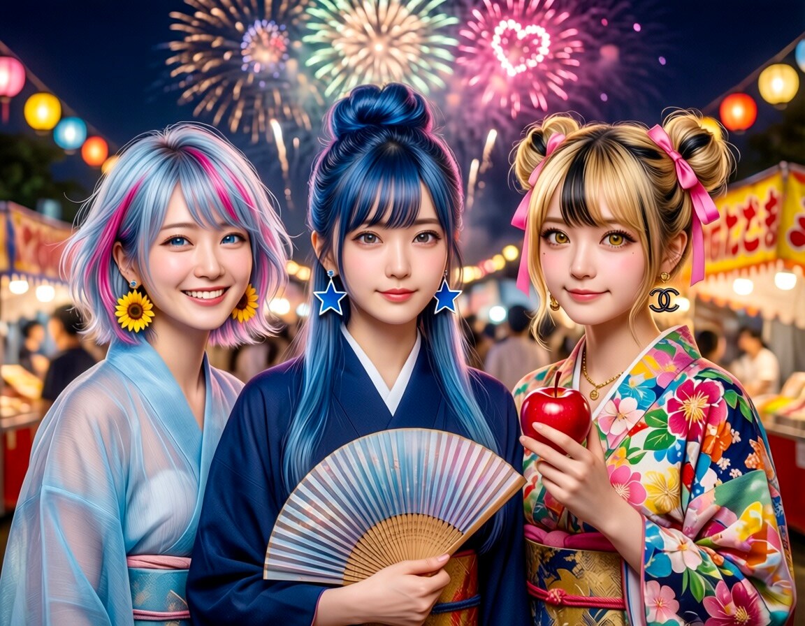 雫、リン、巴　花火大会