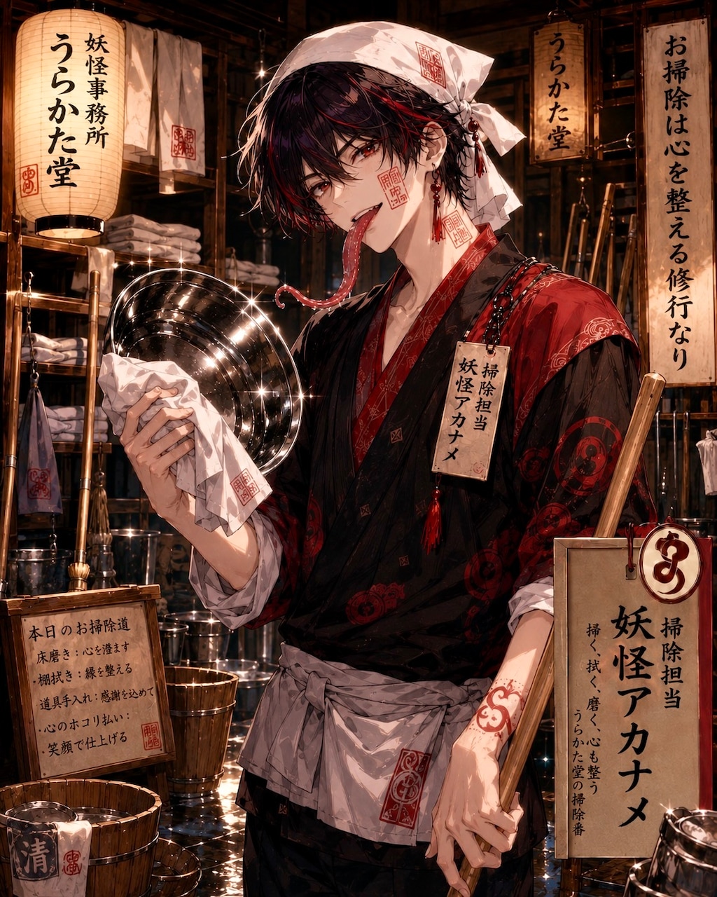 妖怪事務所うらかた堂 掃除担当 垢舐　玲司 読み：れいじ 英字：Akaname Reiji