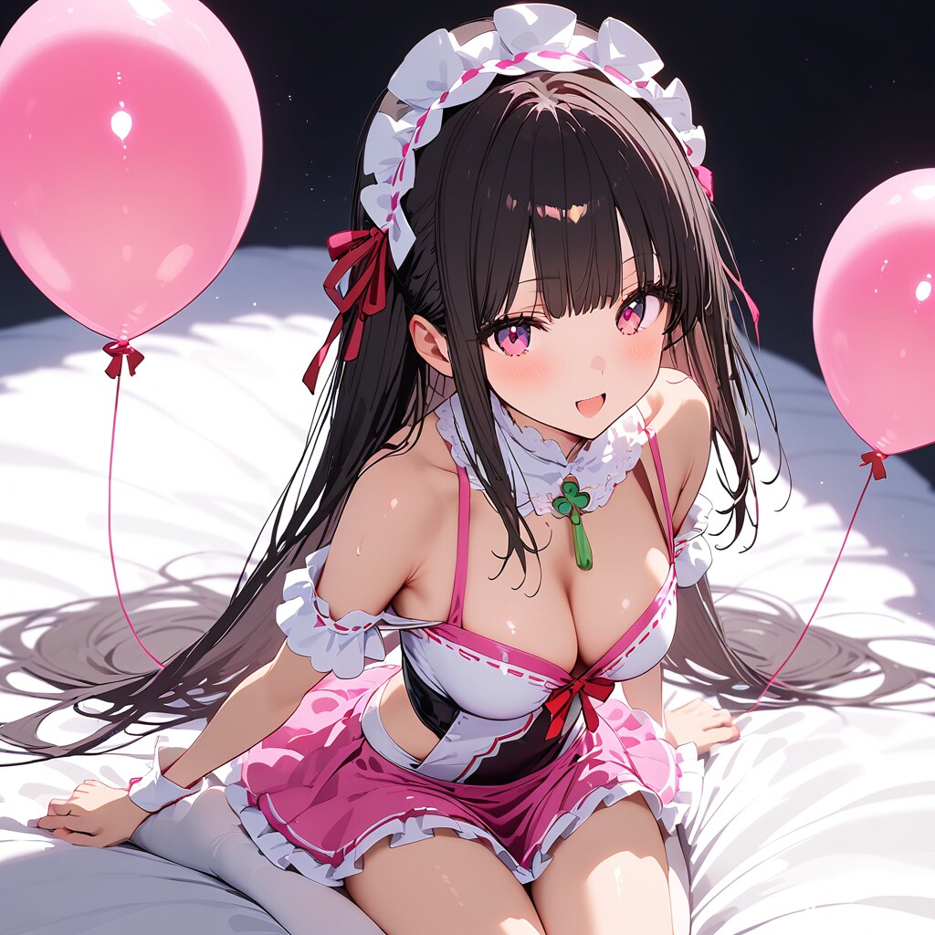 ピンクの風船を持つメイド服の美女