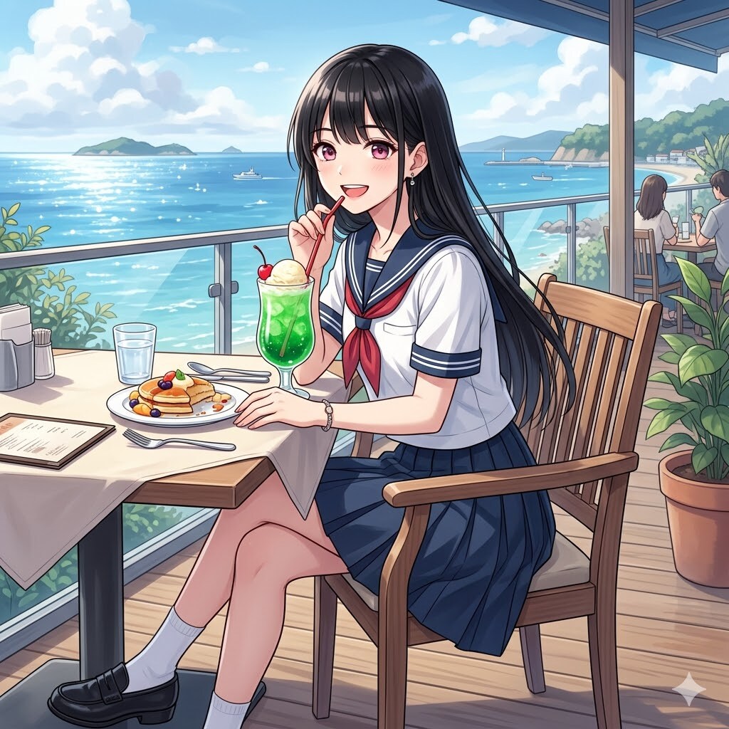 クリームソーダを飲んでいるししょちゃん