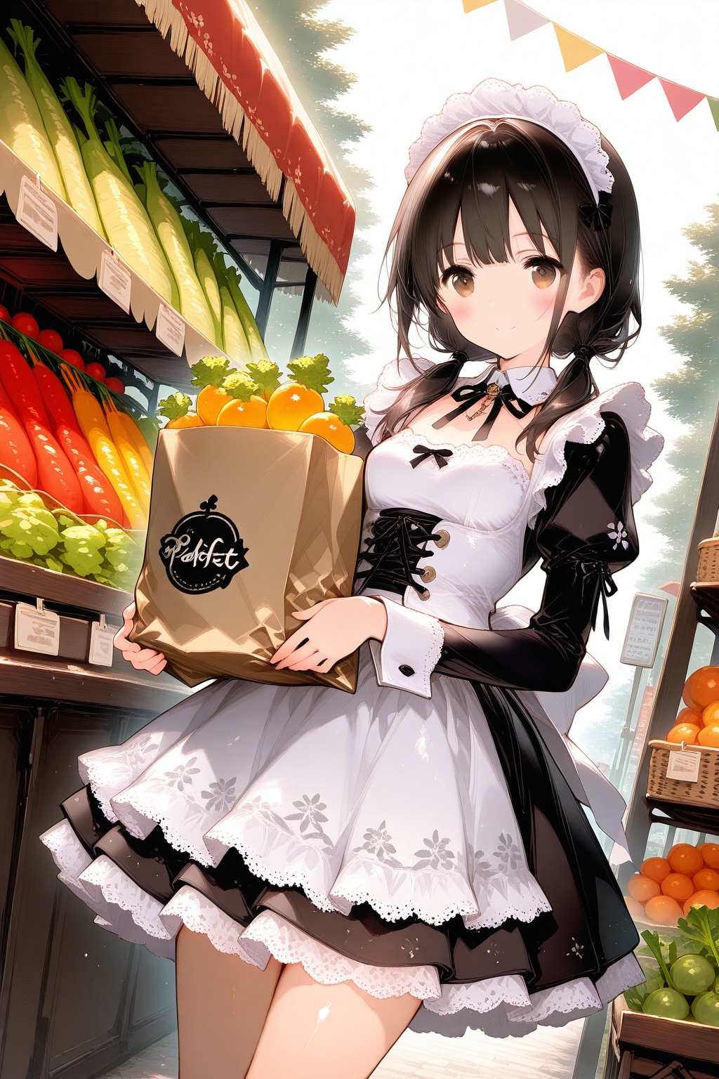 お買い物中の黒髪おさげなメイドさん