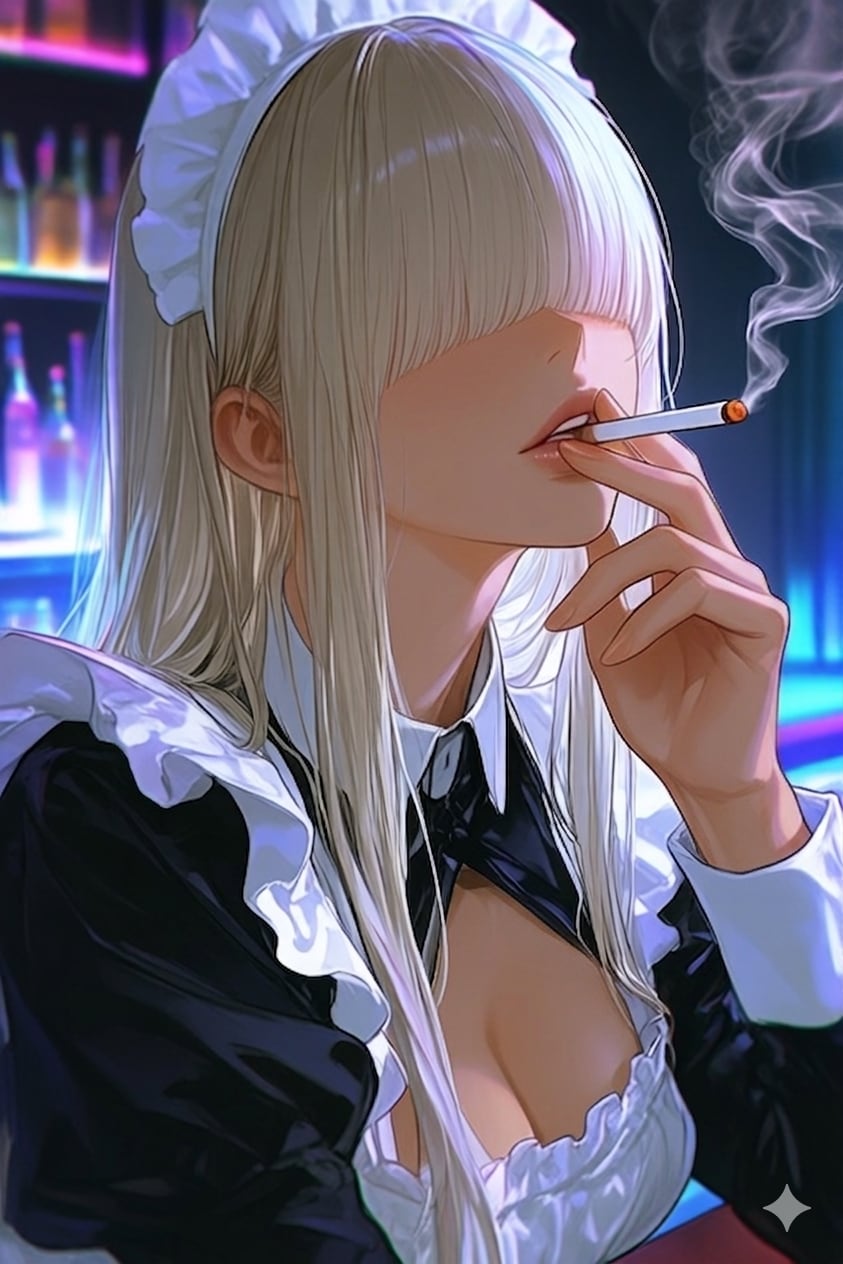 タバコを吸うメカクレメイドさん