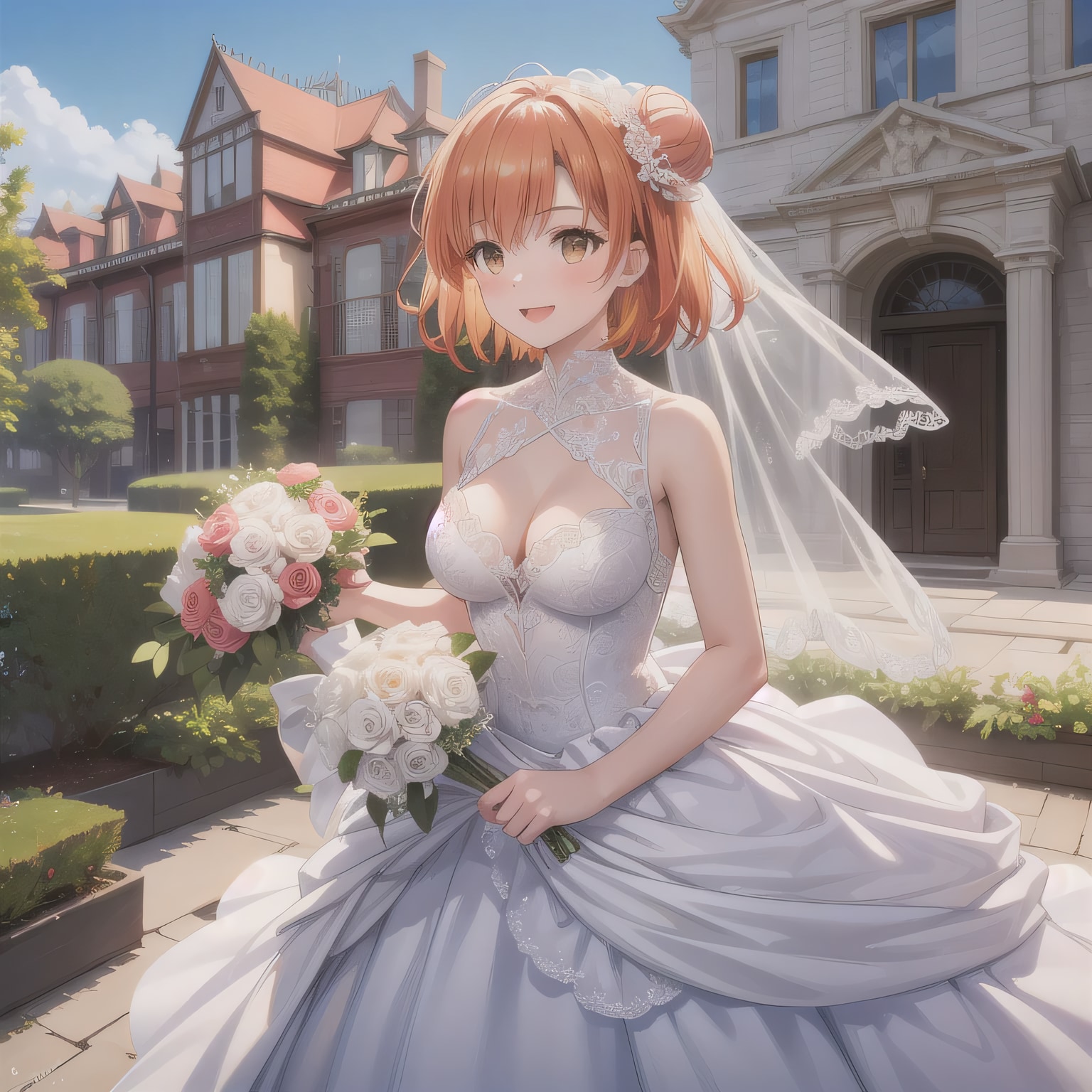 茶髪シニヨンでウェディングドレスの少女 | の人気AIイラスト・グラビア